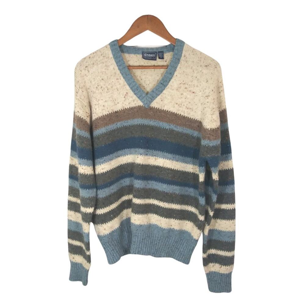 Vintage The Sundays Sportswear Co. Cream Tan Blue V-Neck Grandpa Sweater Sz XL
